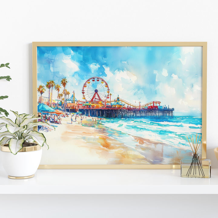 Santa Monica California Watercolor Poster Santa Monica Travel Print Beach Pier Painting Coastal Wall Art USA Souvenir