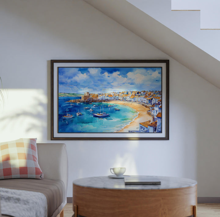 St Ives Cornwall Watercolor Poster St Ives Travel Print Coastal Harbour Painting Seaside Wall Art UK Beach Decor Souvenir