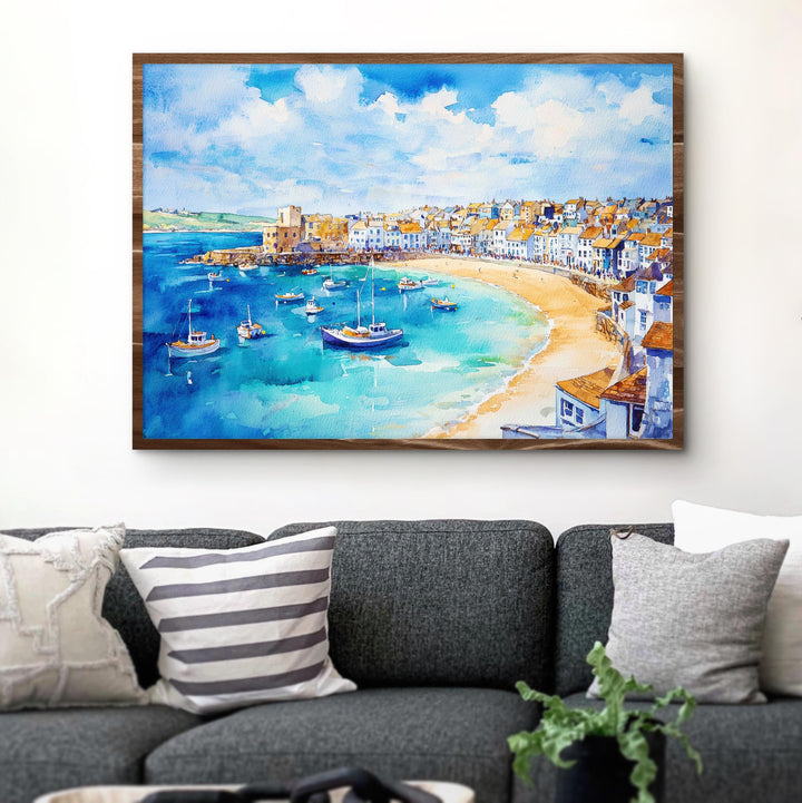 St Ives Cornwall Watercolor Poster St Ives Travel Print Coastal Harbour Painting Seaside Wall Art UK Beach Decor Souvenir