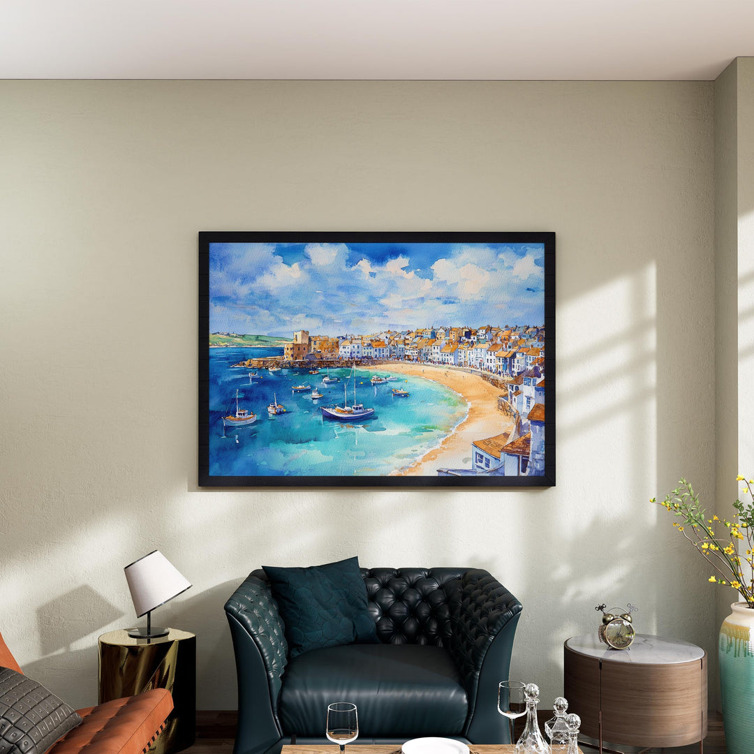 St Ives Cornwall Watercolor Poster St Ives Travel Print Coastal Harbour Painting Seaside Wall Art UK Beach Decor Souvenir