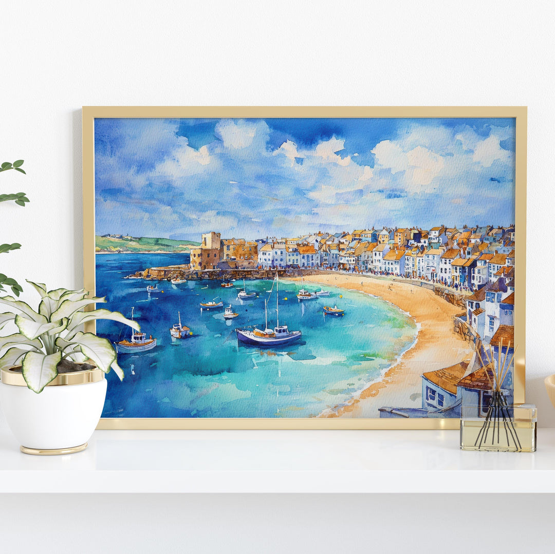 St Ives Cornwall Watercolor Poster St Ives Travel Print Coastal Harbour Painting Seaside Wall Art UK Beach Decor Souvenir