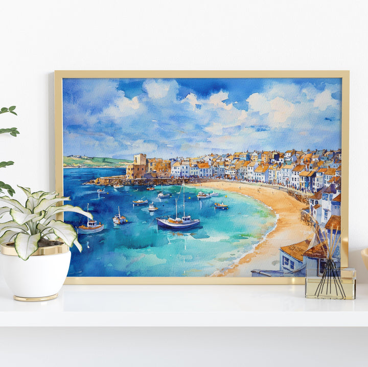 St Ives Cornwall Watercolor Poster St Ives Travel Print Coastal Harbour Painting Seaside Wall Art UK Beach Decor Souvenir
