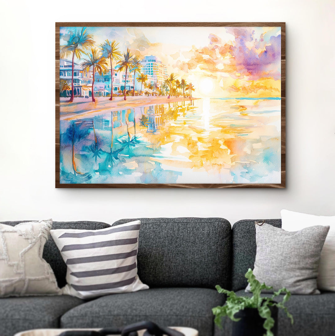 Miami Beach Florida Watercolor Poster Miami Travel Print Coastal City Painting Ocean Wall Art USA Decor Souvenir