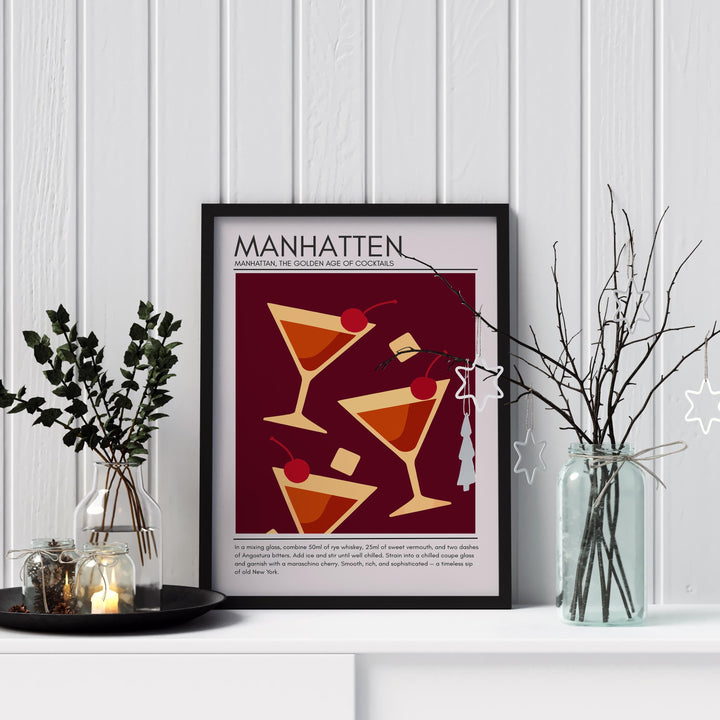 Manhattan Art Deco Cocktail Print Elegant Drink Poster Bar Wall Art Whiskey Decor Cocktail Lover Gift Classic Beverage Artwork