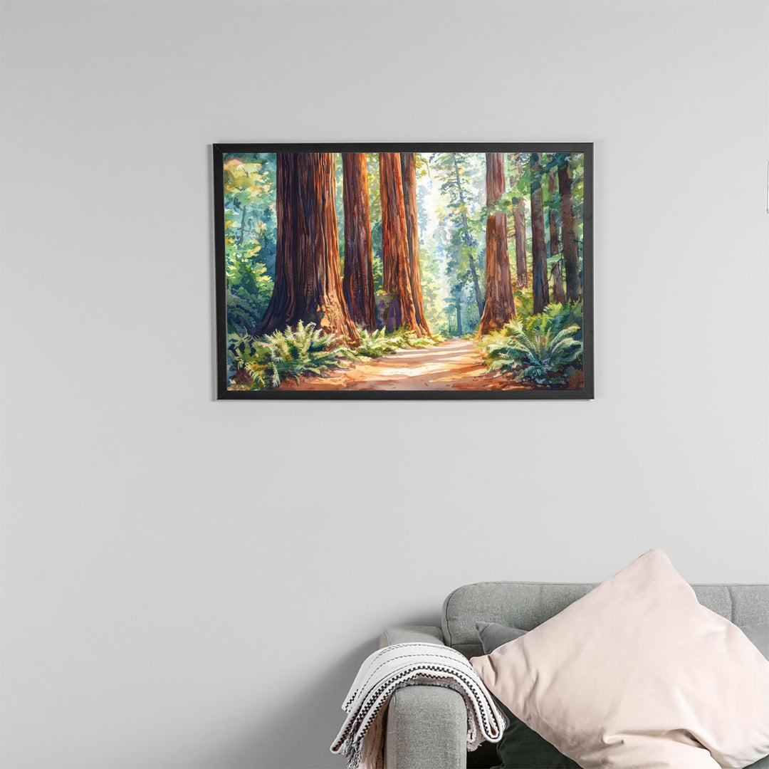Redwood National Park Watercolor Poster California Travel Print Forest Painting Nature Wall Art USA Landscape Souvenir