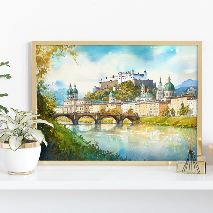 Salzburg Austria Watercolor Poster Salzburg Travel Print Cityscape Painting European Wall Art Old Town Decor Alps Souvenir