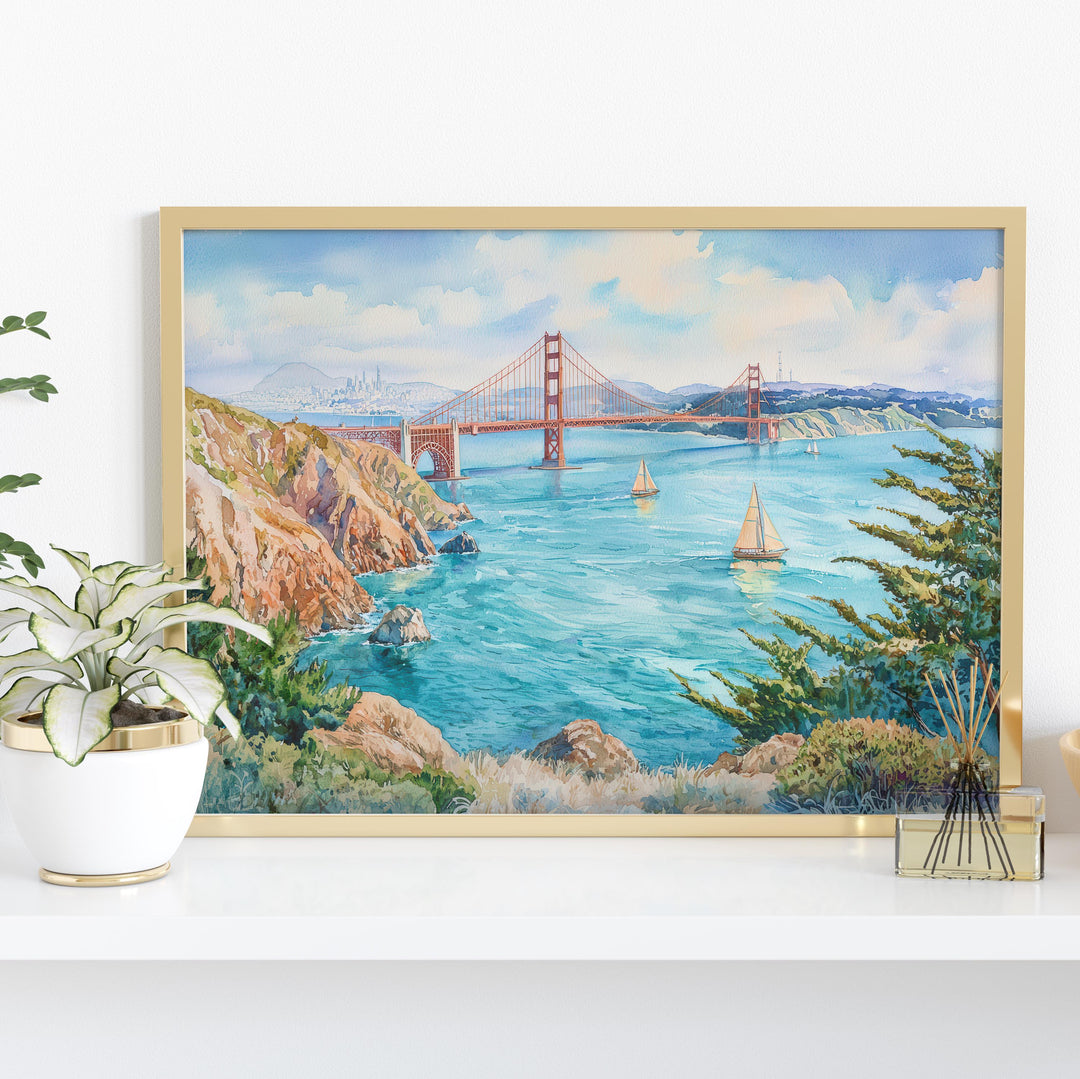 San Francisco California Watercolor Poster San Francisco Travel Print City Skyline Painting Golden Gate Wall Art USA Souvenir