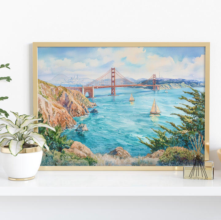 San Francisco California Watercolor Poster San Francisco Travel Print City Skyline Painting Golden Gate Wall Art USA Souvenir