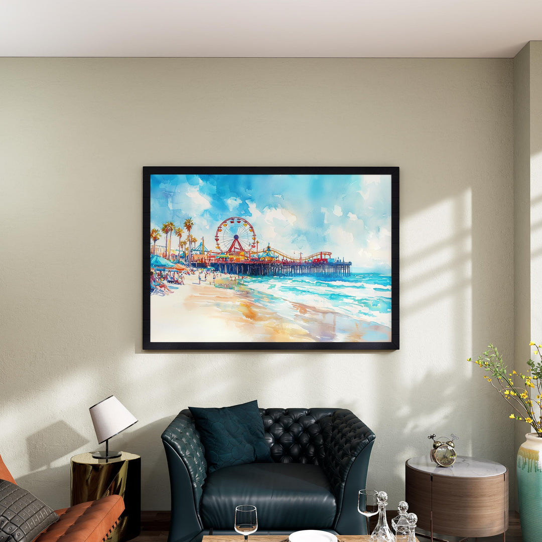Santa Monica California Watercolor Poster Santa Monica Travel Print Beach Pier Painting Coastal Wall Art USA Souvenir
