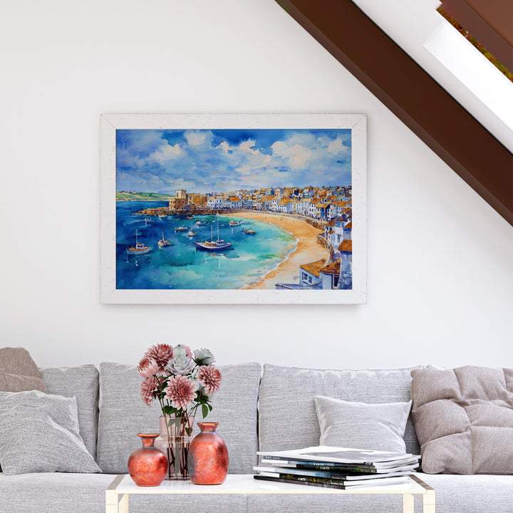 St Ives Cornwall Watercolor Poster St Ives Travel Print Coastal Harbour Painting Seaside Wall Art UK Beach Decor Souvenir