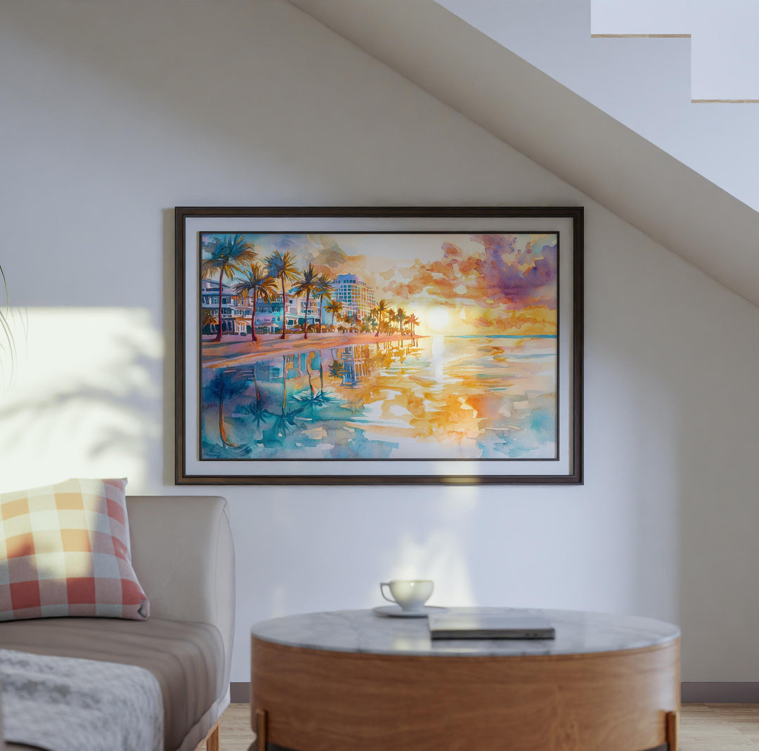 Miami Beach Florida Watercolor Poster Miami Travel Print Coastal City Painting Ocean Wall Art USA Decor Souvenir
