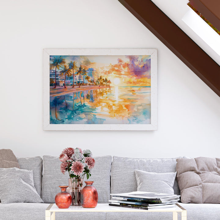 Miami Beach Florida Watercolor Poster Miami Travel Print Coastal City Painting Ocean Wall Art USA Decor Souvenir