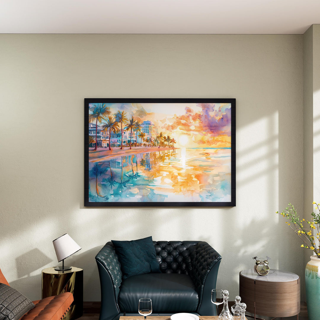 Miami Beach Florida Watercolor Poster Miami Travel Print Coastal City Painting Ocean Wall Art USA Decor Souvenir