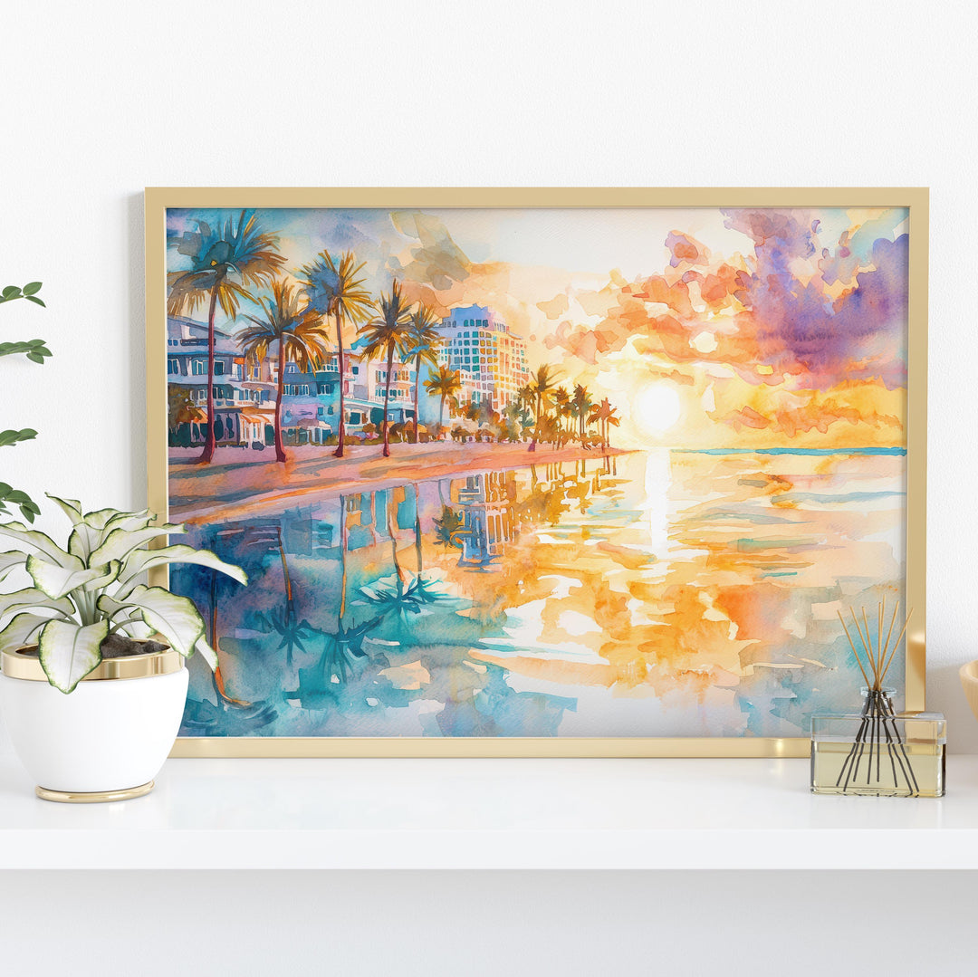 Miami Beach Florida Watercolor Poster Miami Travel Print Coastal City Painting Ocean Wall Art USA Decor Souvenir