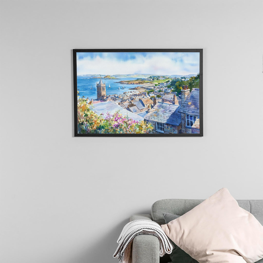 Marazion Cornwall Watercolor Poster Marazion Travel Print Coastal Village Painting Seaside Wall Art UK Beach Decor Souvenir