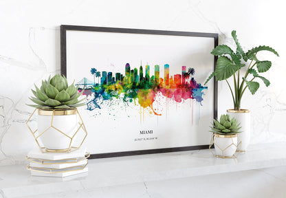 Miami Watercolour Skyline Print Miami Cityscape Miami Home Décor Art Print USA Wall Art Miami Print Miami Watercolour Skyline Art Poster