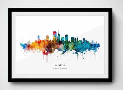 Boston Watercolour Skyline Print Boston Cityscape Boston Home Décor Art Print USA Wall Art Boston Print Boston Skyline Watercolour Poster