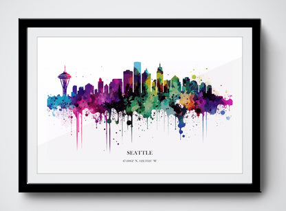 Seattle Watercolour Skyline Print Seattle Cityscape Seattle Home Décor Art Print Wall Art Seattle Print Seattle Skyline Watercolour Poster
