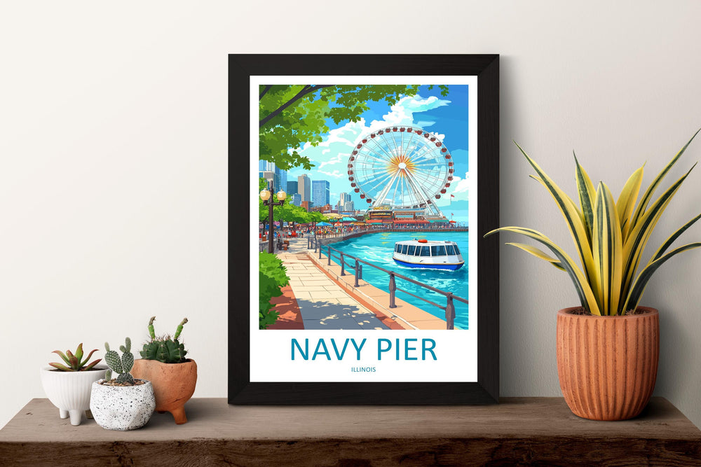 Navy Pier Travel Print Navy Pier Wall Decor Chicago Navy Pier Art Navy Pier Wall Art Illinois Poster Gift for City and Lake Lovers Navy Pier