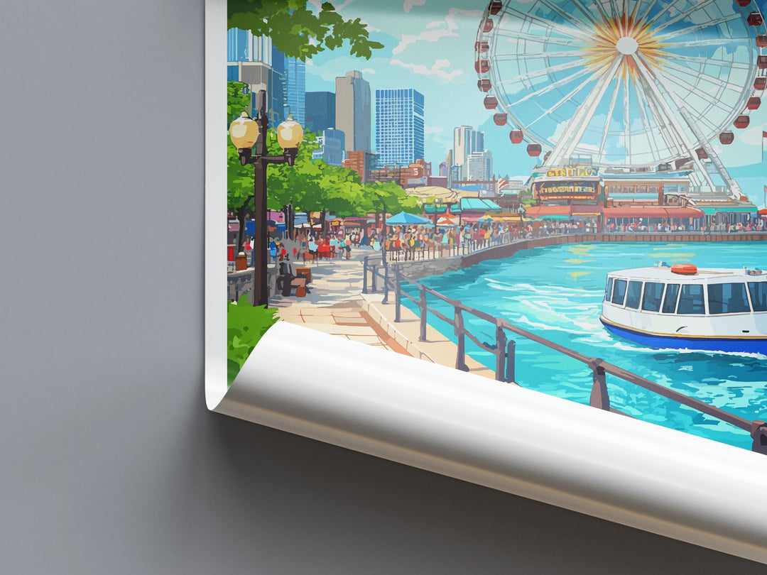 Navy Pier Travel Print Navy Pier Wall Decor Chicago Navy Pier Art Navy Pier Wall Art Illinois Poster Gift for City and Lake Lovers Navy Pier