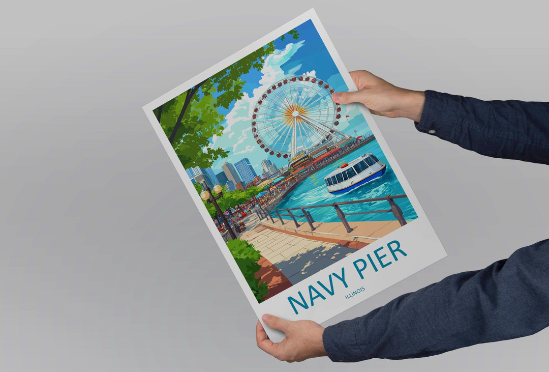 Navy Pier Travel Print Navy Pier Wall Decor Chicago Navy Pier Art Navy Pier Wall Art Illinois Poster Gift for City and Lake Lovers Navy Pier