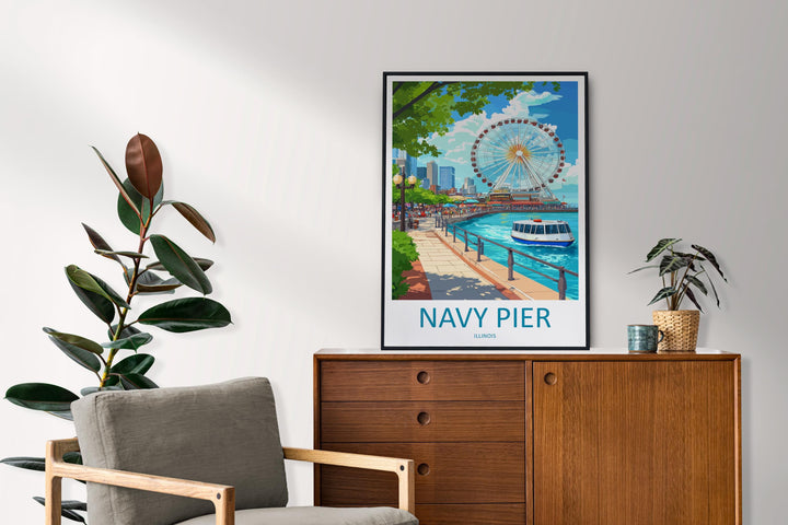 Navy Pier Travel Print Navy Pier Wall Decor Chicago Navy Pier Art Navy Pier Wall Art Illinois Poster Gift for City and Lake Lovers Navy Pier