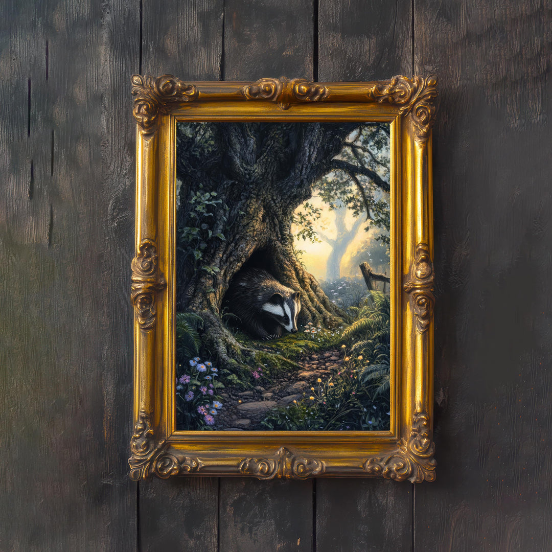 Badger Cottagecore Art Print, Vintage Woodland Animal Poster