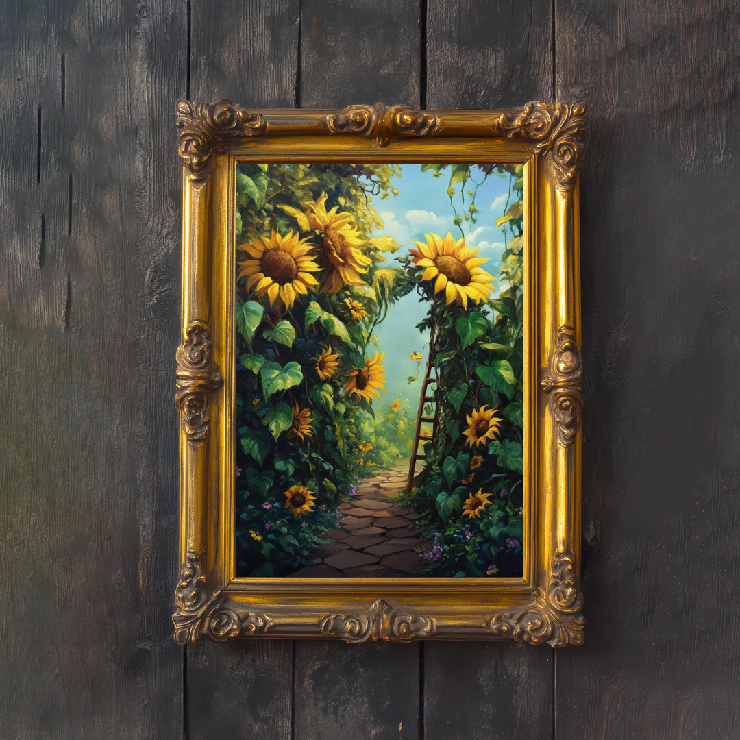 Cottagecore Sunflower Garden Print, Vintage Botanical Beanstalk Art