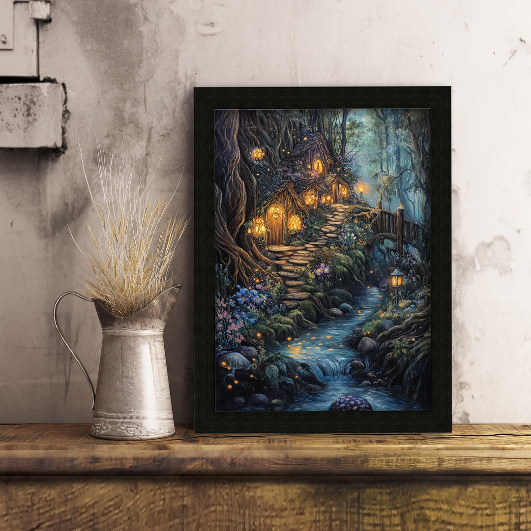 Vintage Fairy Village Art Print: Cottagecore Fantasy Poster