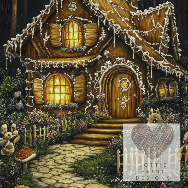 Gingerbread House Print, Vintage Fairy Tale Cottagecore Decor