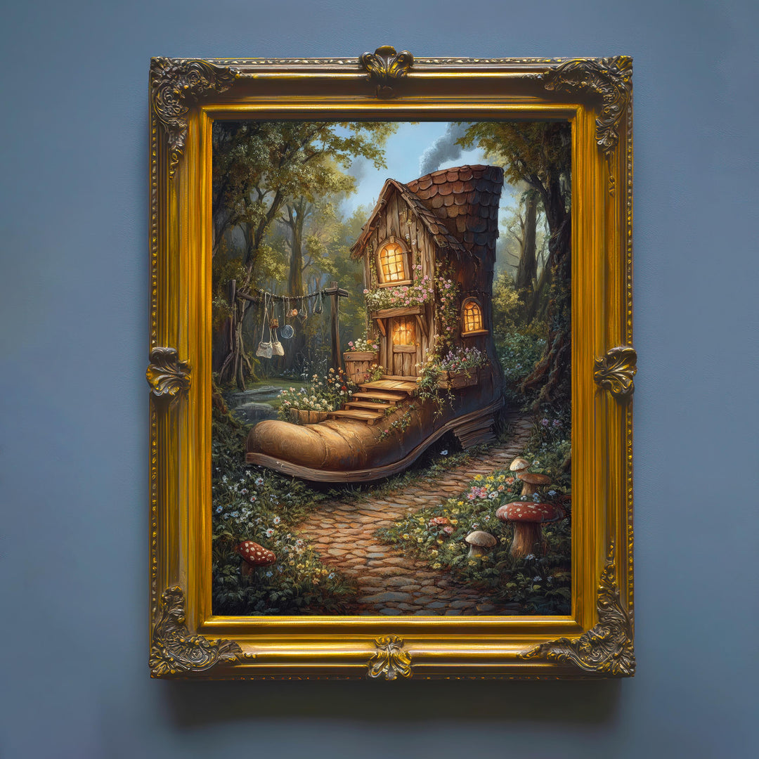 Shoe House Garden Print, Vintage Fairytale Cottagecore Art