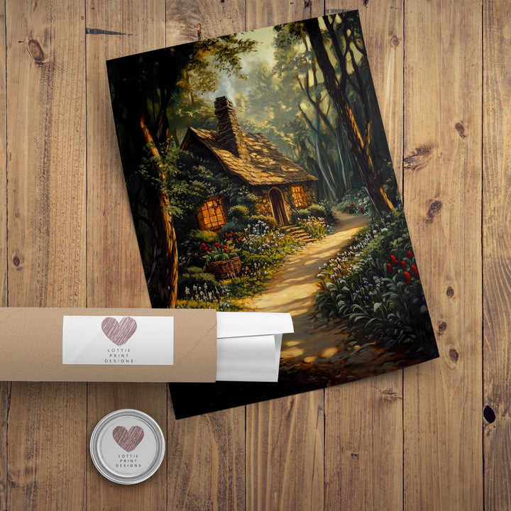 Vintage Forest Cottage Art Print, Dark Academia Woodland Decor