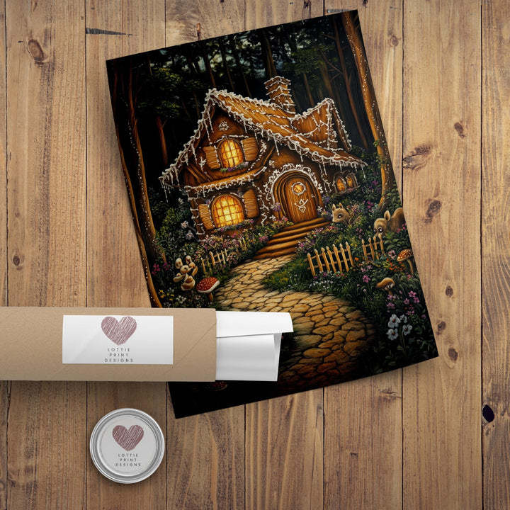 Gingerbread Cottage Print, Vintage Fairytale Art, Dark Academia Decor