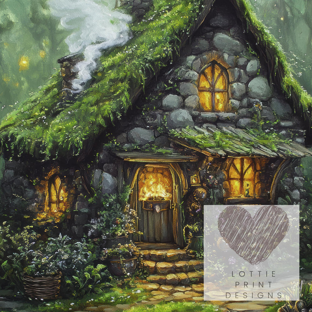 Witch Cottage Print, Vintage Gothic Art, Enchanted Forest Poster