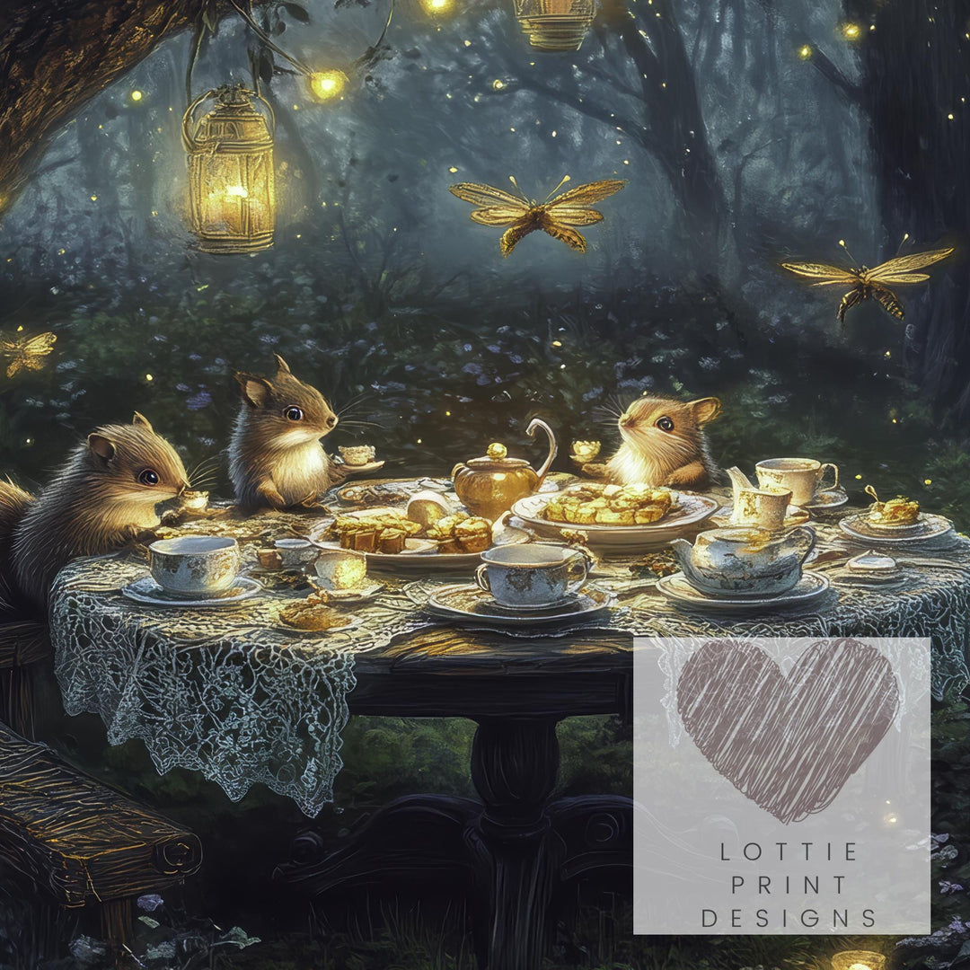 Animal Tea Party Print, Vintage Cottagecore Woodland Wall Art