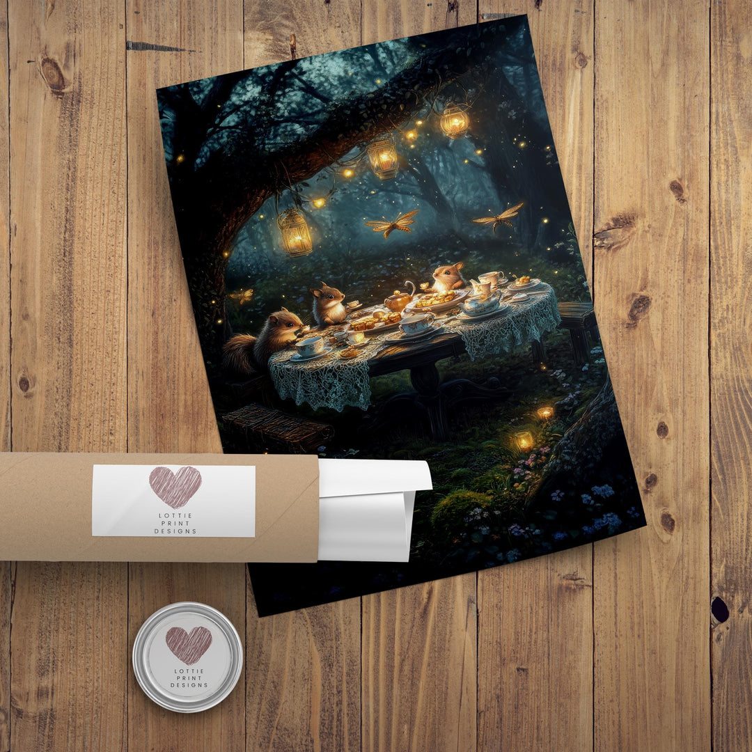Animal Tea Party Print, Vintage Cottagecore Woodland Wall Art