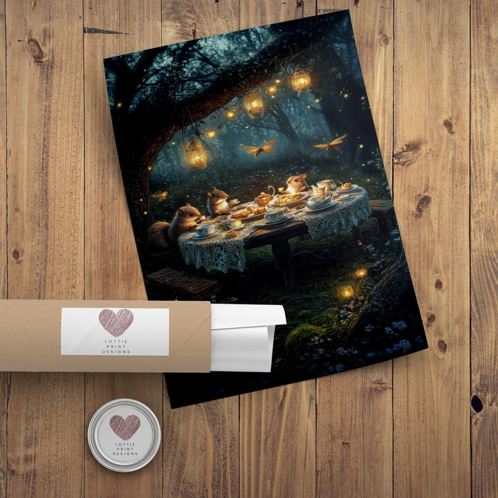 Animal Tea Party Print, Vintage Cottagecore Woodland Wall Art