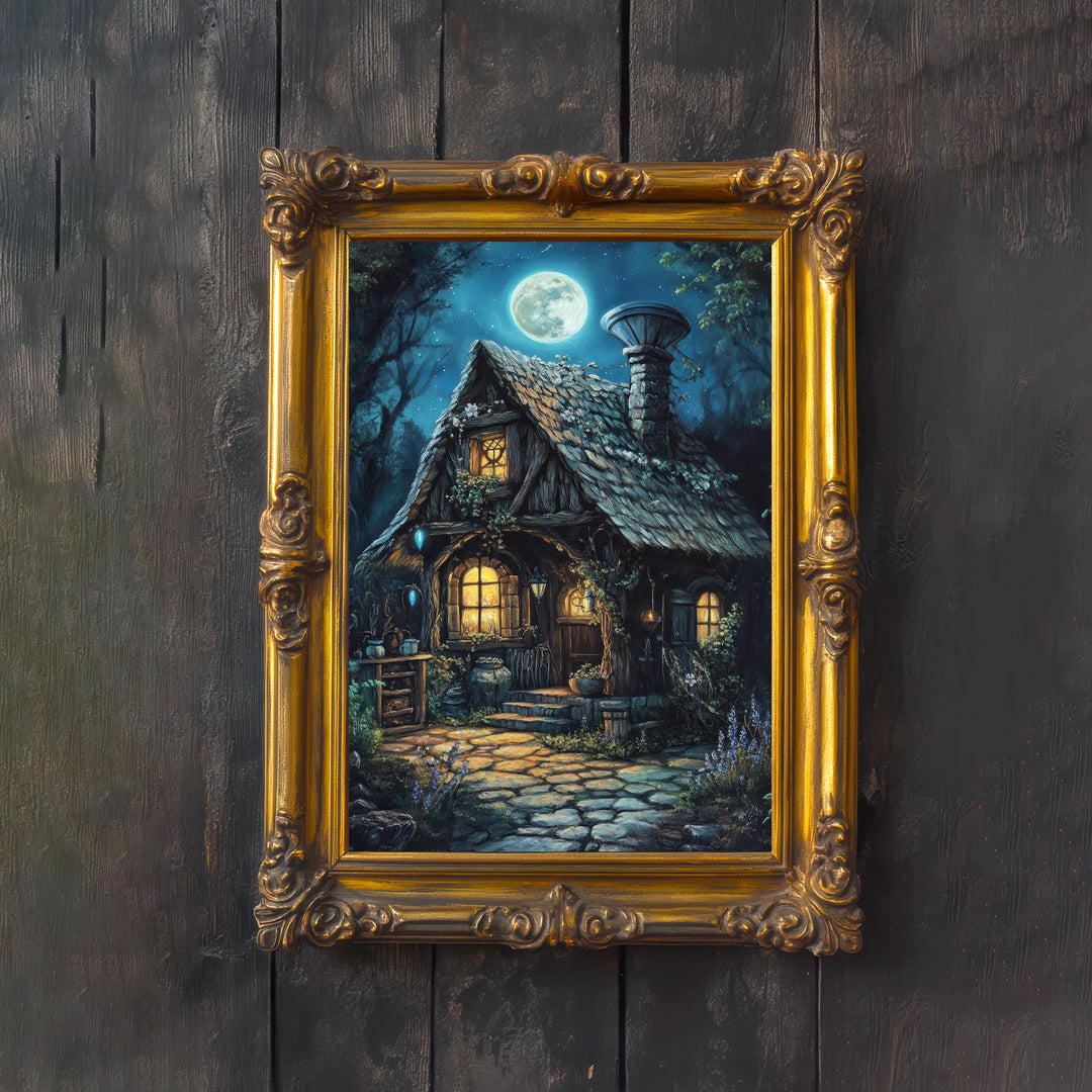 Cottagecore Moonlight Cottage Print - Vintage Witchy Art