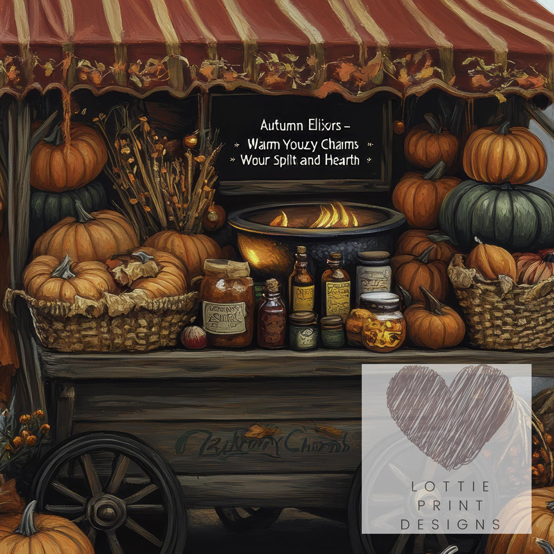Witch's Pumpkin Wagon Print, Vintage Autumn Cottagecore Wall Art