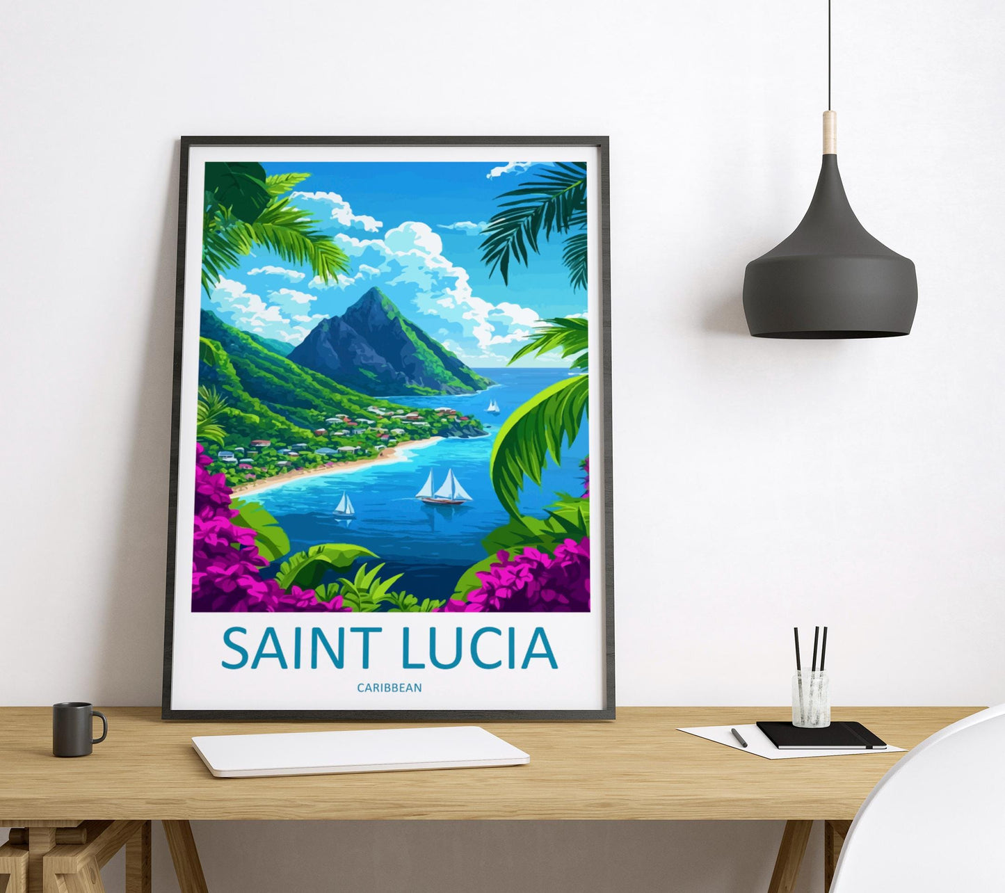 Saint Lucia Travel Print St Lucia Wall Art Caribbean Island Poster Tropical Decor Gift for Beach Lover Pitons Sunset Art Print