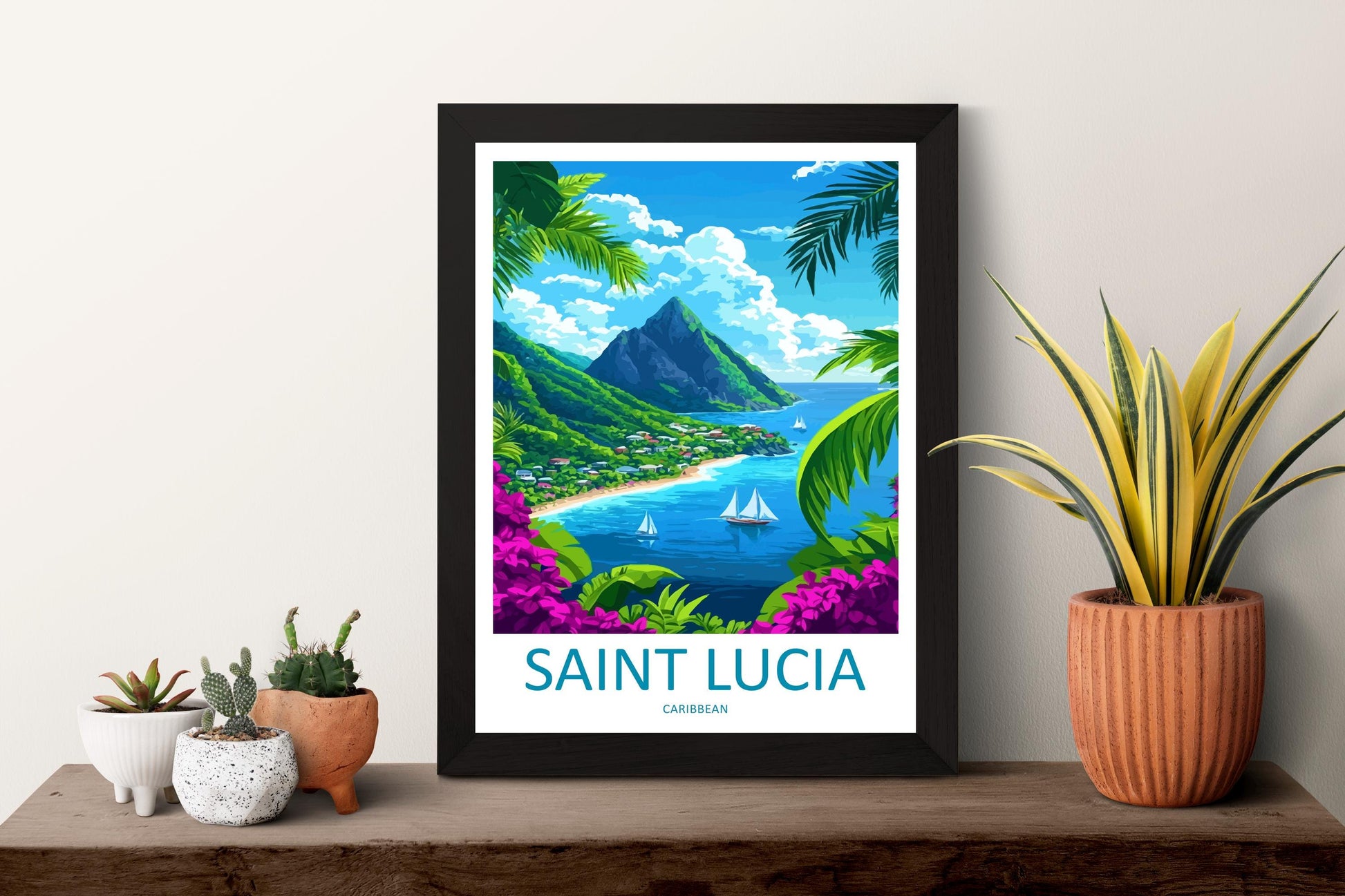 Saint Lucia Travel Print St Lucia Wall Art Caribbean Island Poster Tropical Decor Gift for Beach Lover Pitons Sunset Art Print
