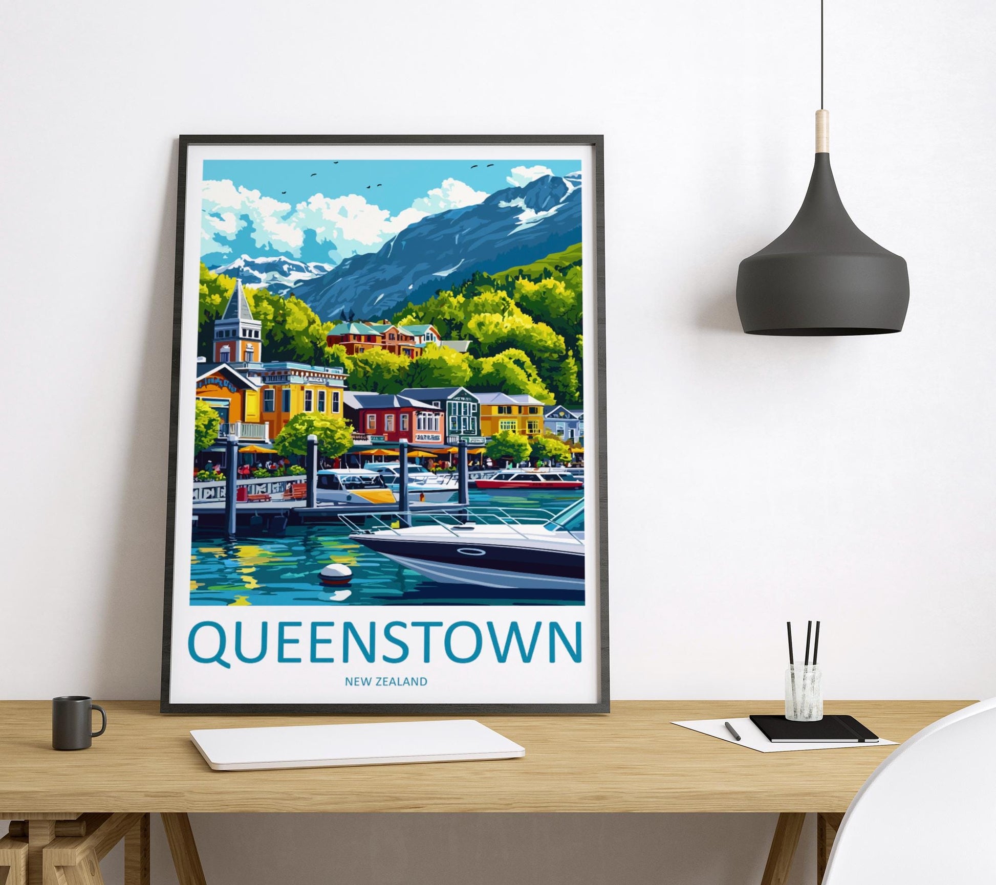Queenstown Travel Print New Zealand Wall Art Mountain Lake Poster Adventure Decor Gift for Nature Lover Scenic Landscape Art