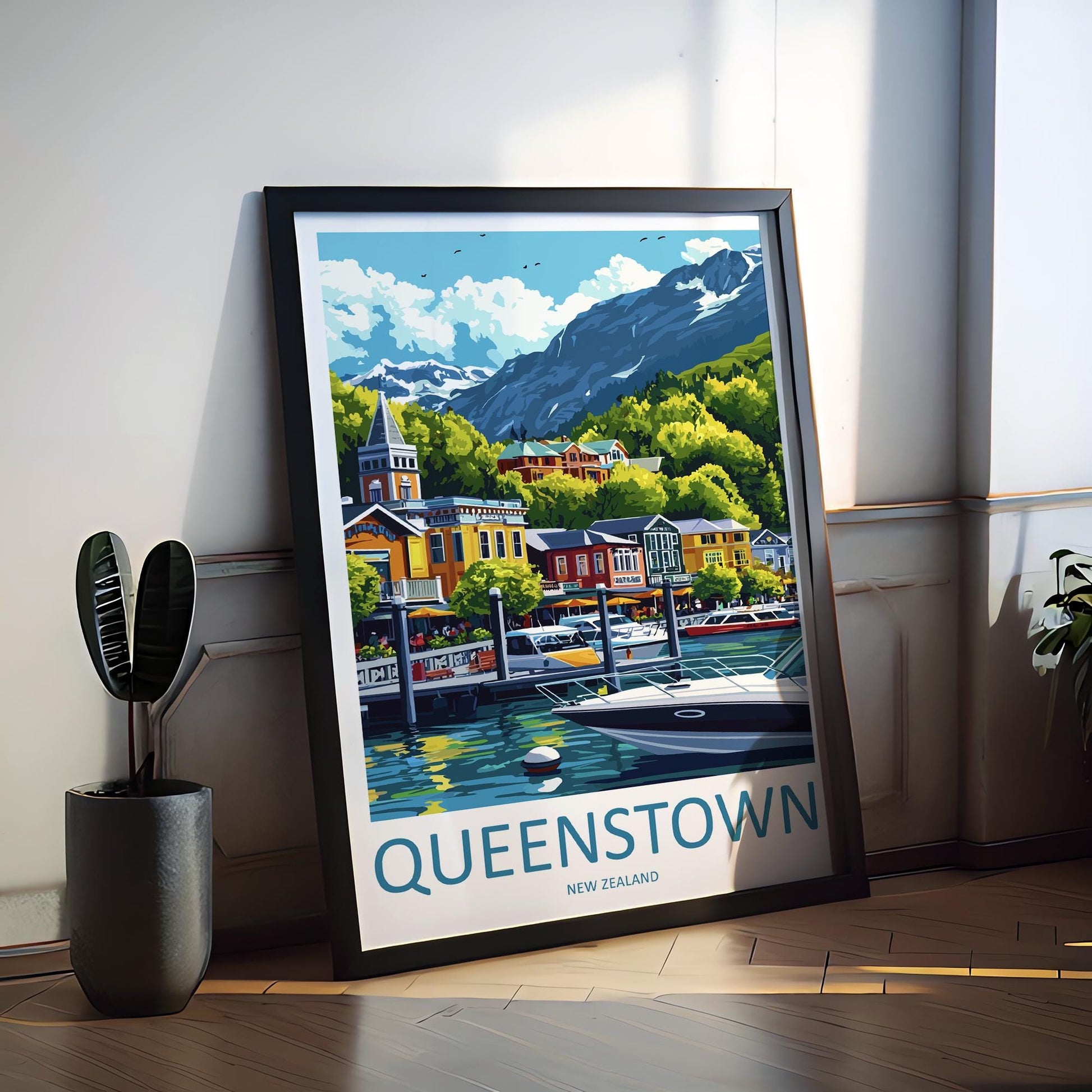 Queenstown Travel Print New Zealand Wall Art Mountain Lake Poster Adventure Decor Gift for Nature Lover Scenic Landscape Art