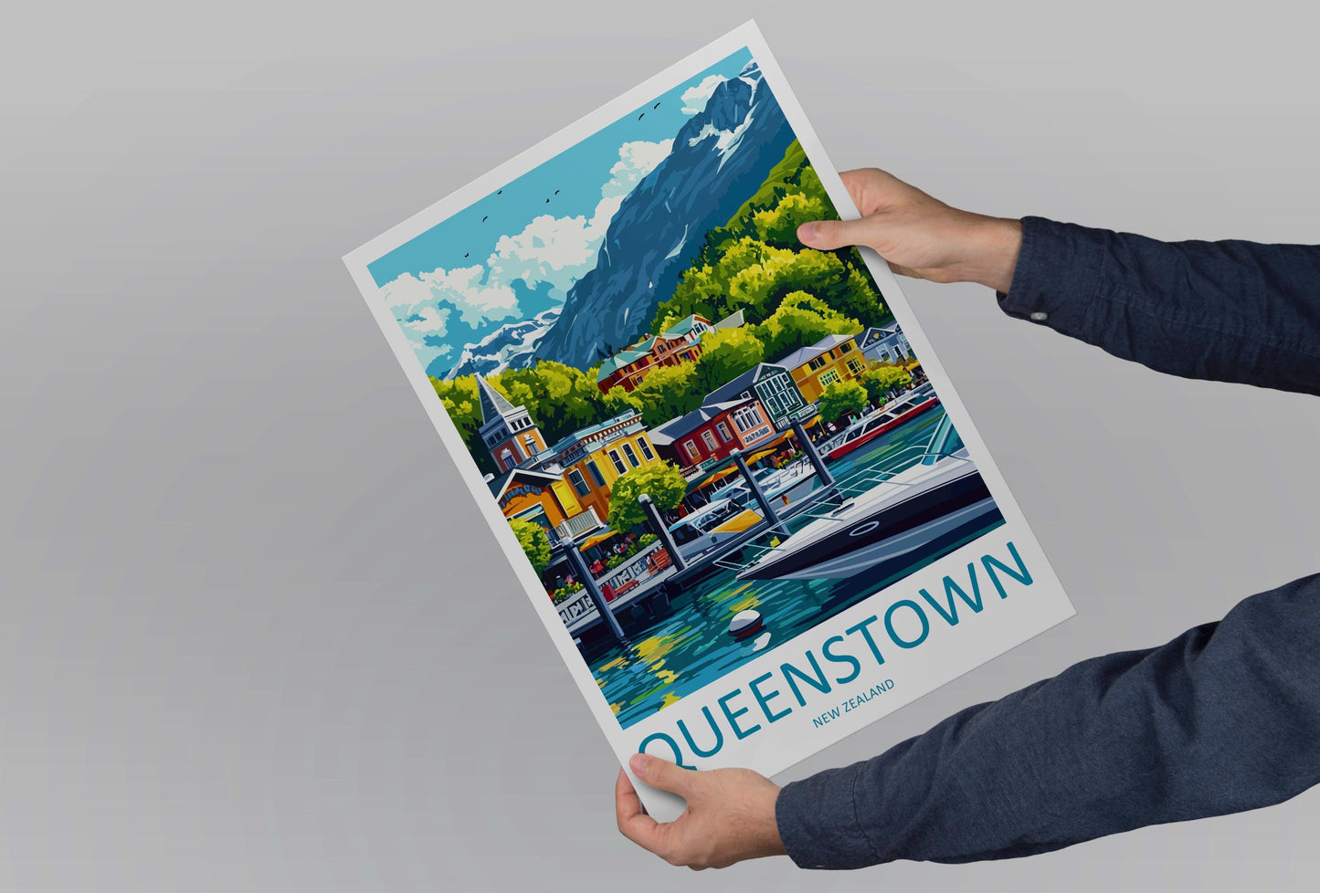 Queenstown Travel Print New Zealand Wall Art Mountain Lake Poster Adventure Decor Gift for Nature Lover Scenic Landscape Art