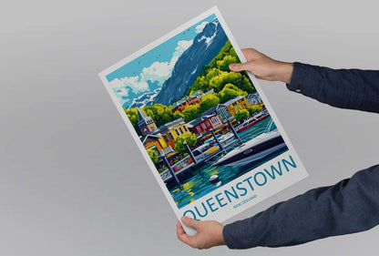 Queenstown Travel Print New Zealand Wall Art Mountain Lake Poster Adventure Decor Gift for Nature Lover Scenic Landscape Art