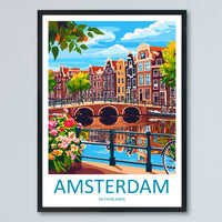 Amsterdam Travel Print Netherlands Wall Art Cityscape Poster Canal Decor Gift for Europe Lover Dutch Architecture Art Print