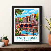 Amsterdam Travel Print Netherlands Wall Art Cityscape Poster Canal Decor Gift for Europe Lover Dutch Architecture Art Print