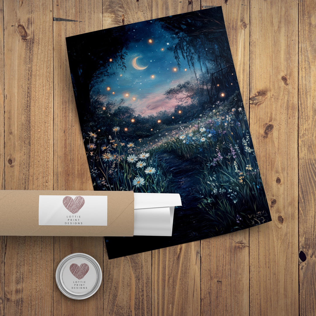 Moonlit Meadow Print, Vintage Night Landscape Art