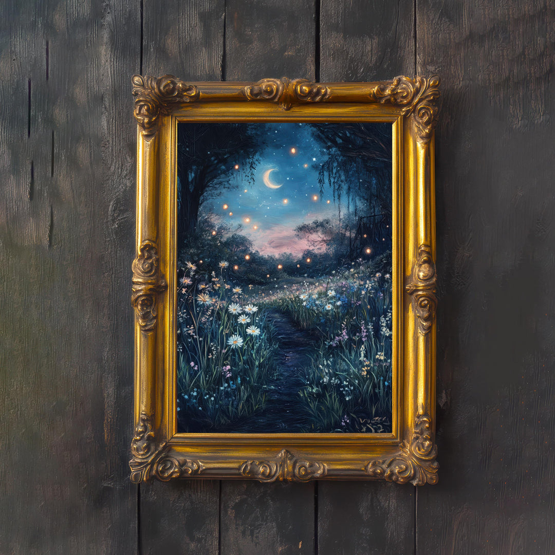 Moonlit Meadow Print, Vintage Night Landscape Art