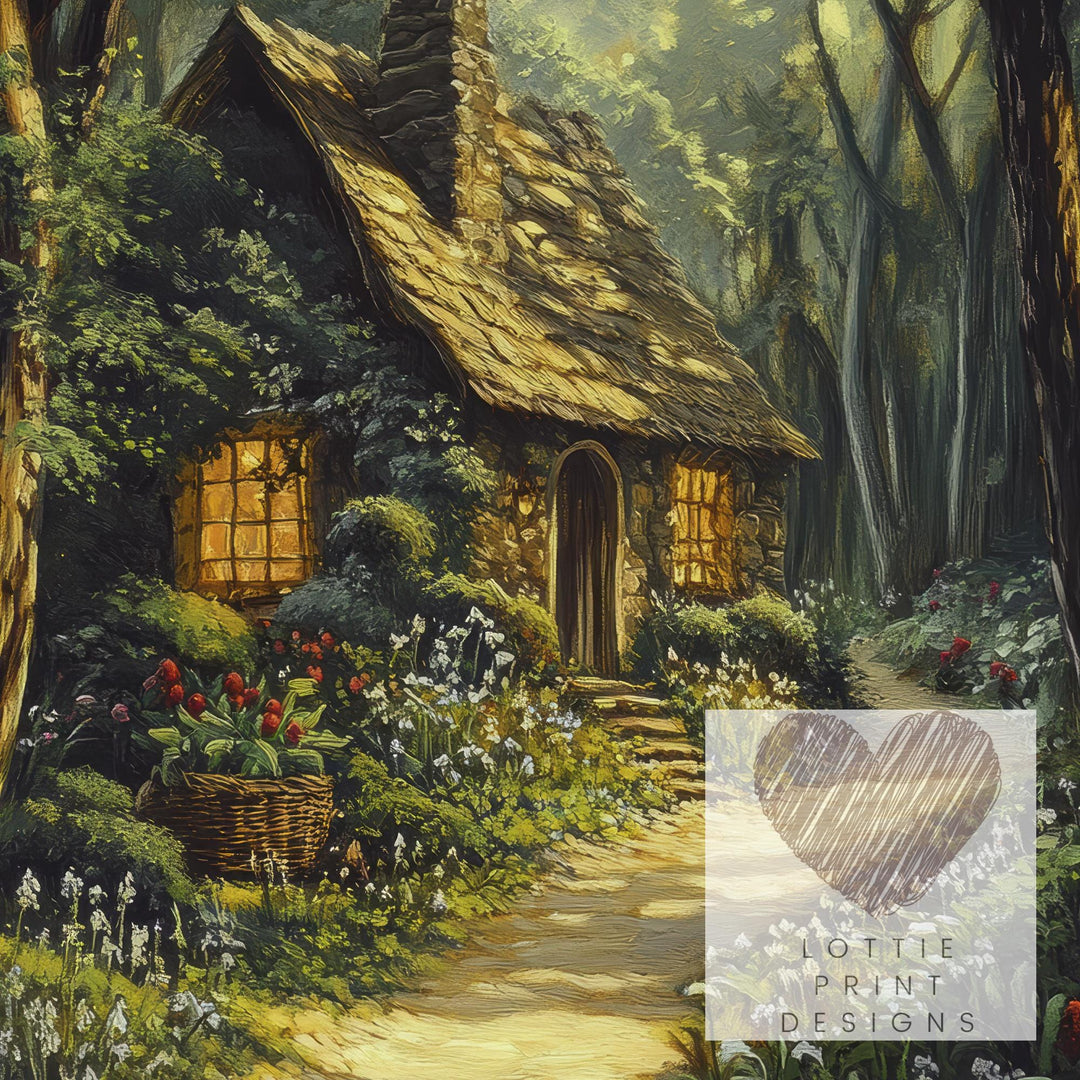 Vintage Forest Cottage Art Print, Dark Academia Woodland Decor